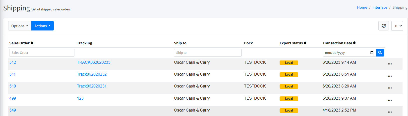 Interface Shipping Screen