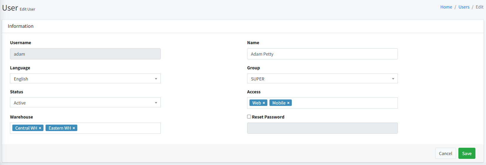 Warehouse Maintenance - Edit User Account